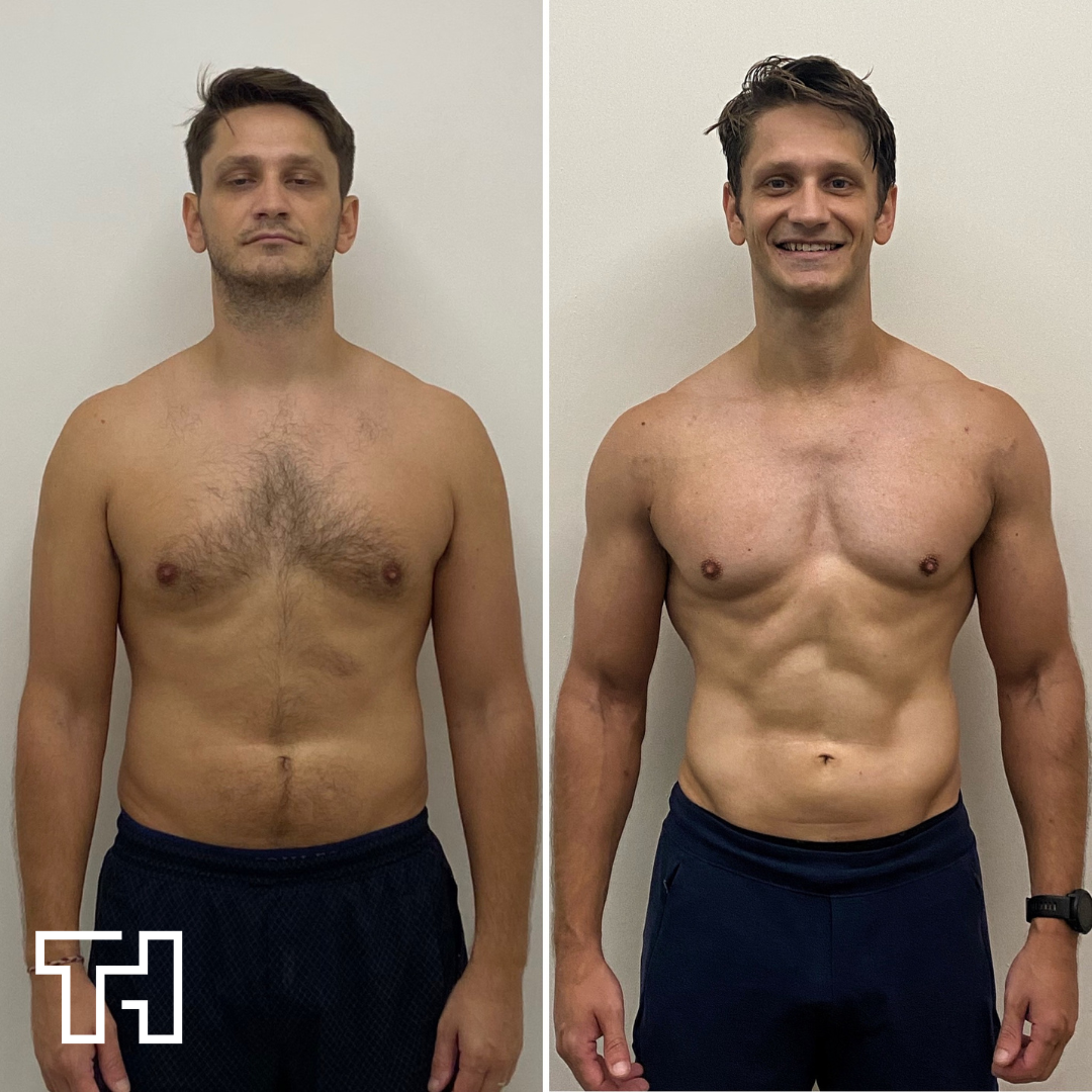 Client body transformation - before and after coaching with Tom Hine